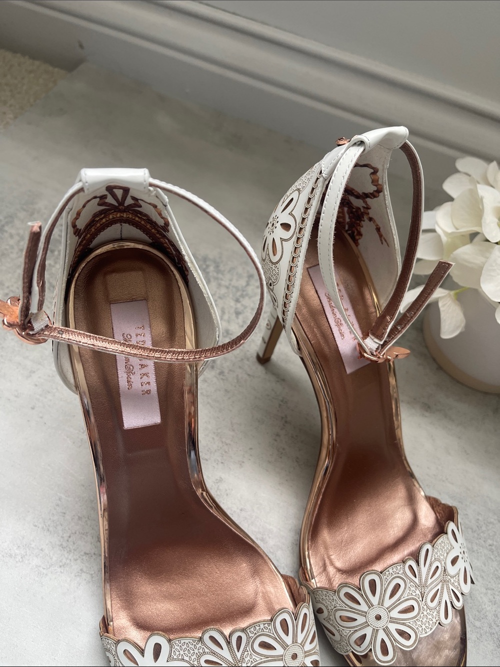 Ted Baker Cimaa Ivory and Rose Gold Laser Cut Floral Stiletto Heeled Sandal - Picture 3 of 10